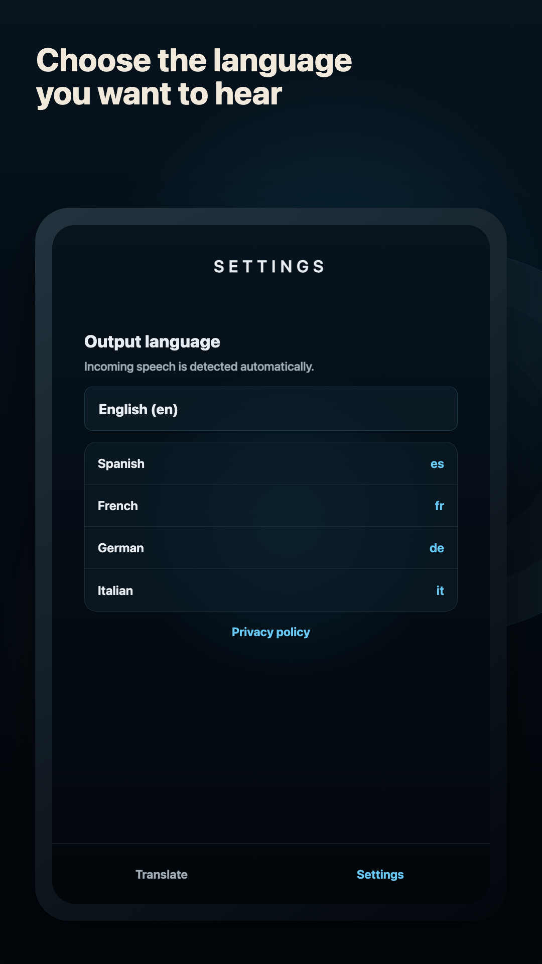 Chuchotage settings screen for choosing the output language.
