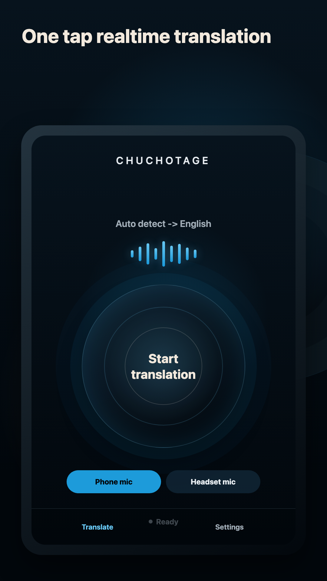 Chuchotage start screen with automatic source language detection and microphone choices.